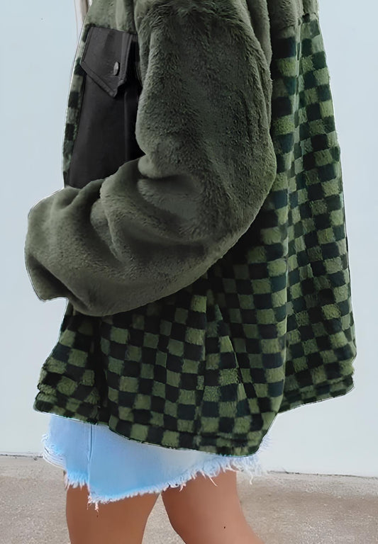 Faux Leather & Fleece Checkered Snap Down Jacket