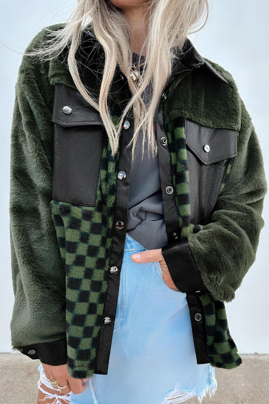 Faux Leather & Fleece Checkered Snap Down Jacket