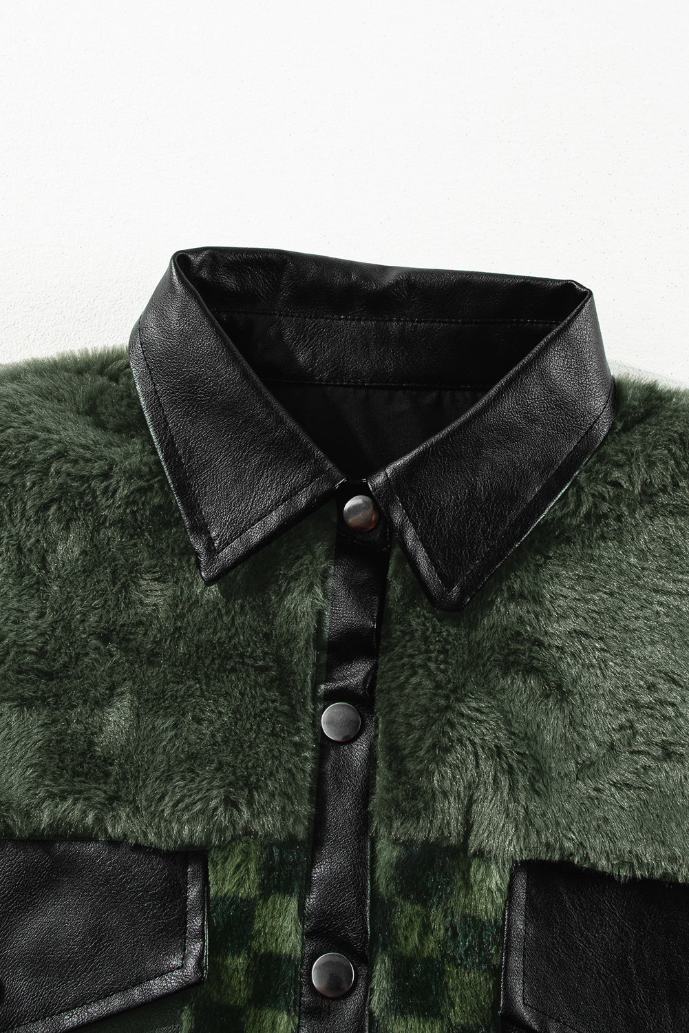 Faux Leather & Fleece Checkered Snap Down Jacket