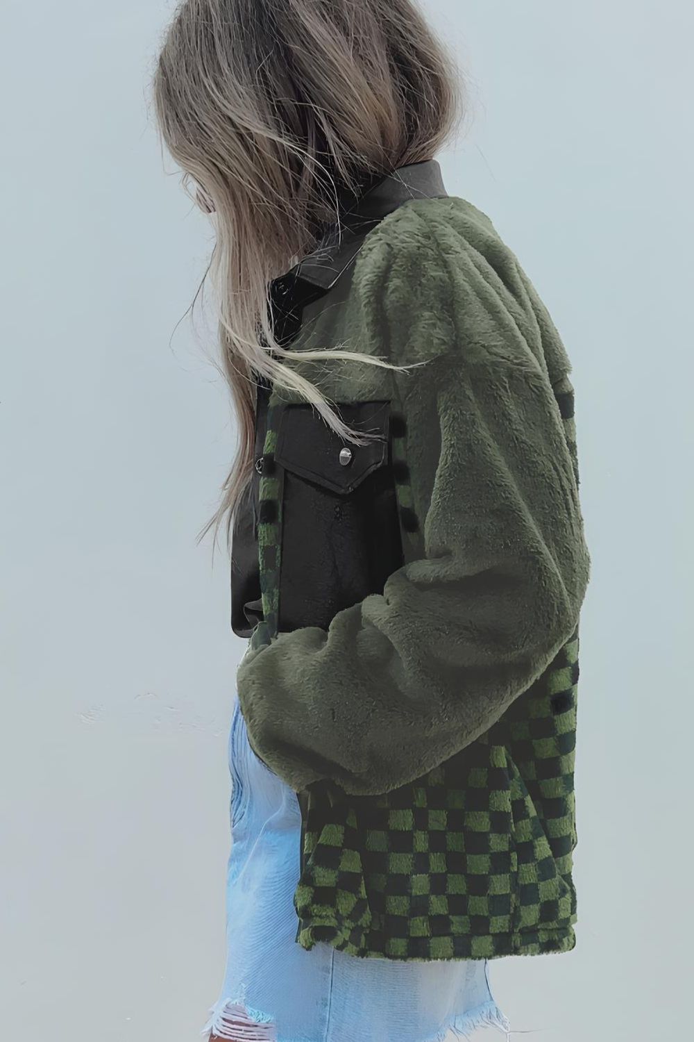 Faux Leather & Fleece Checkered Snap Down Jacket