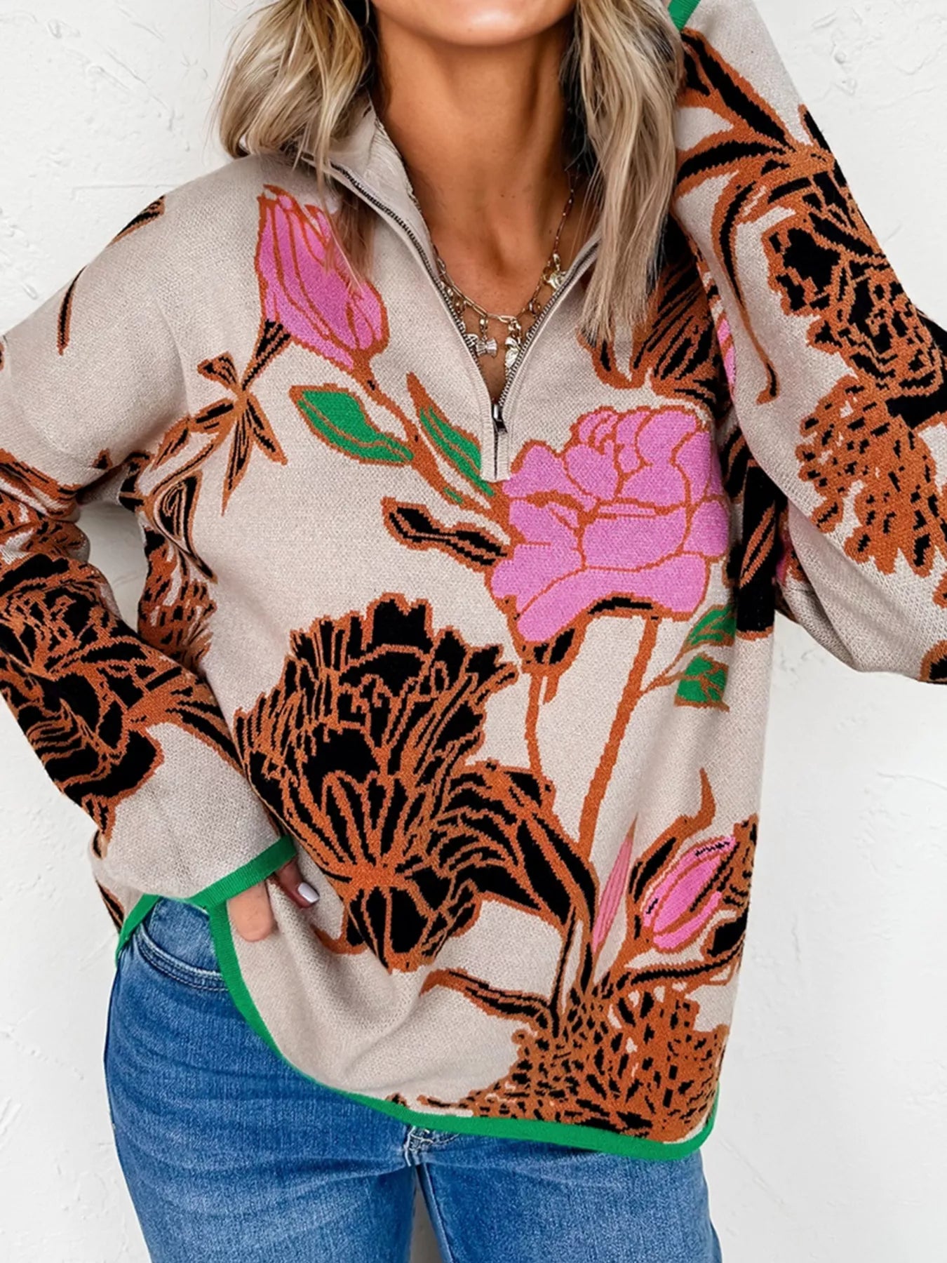 Bloom Burst Quarter Zip Sweater | Redheaded Betty