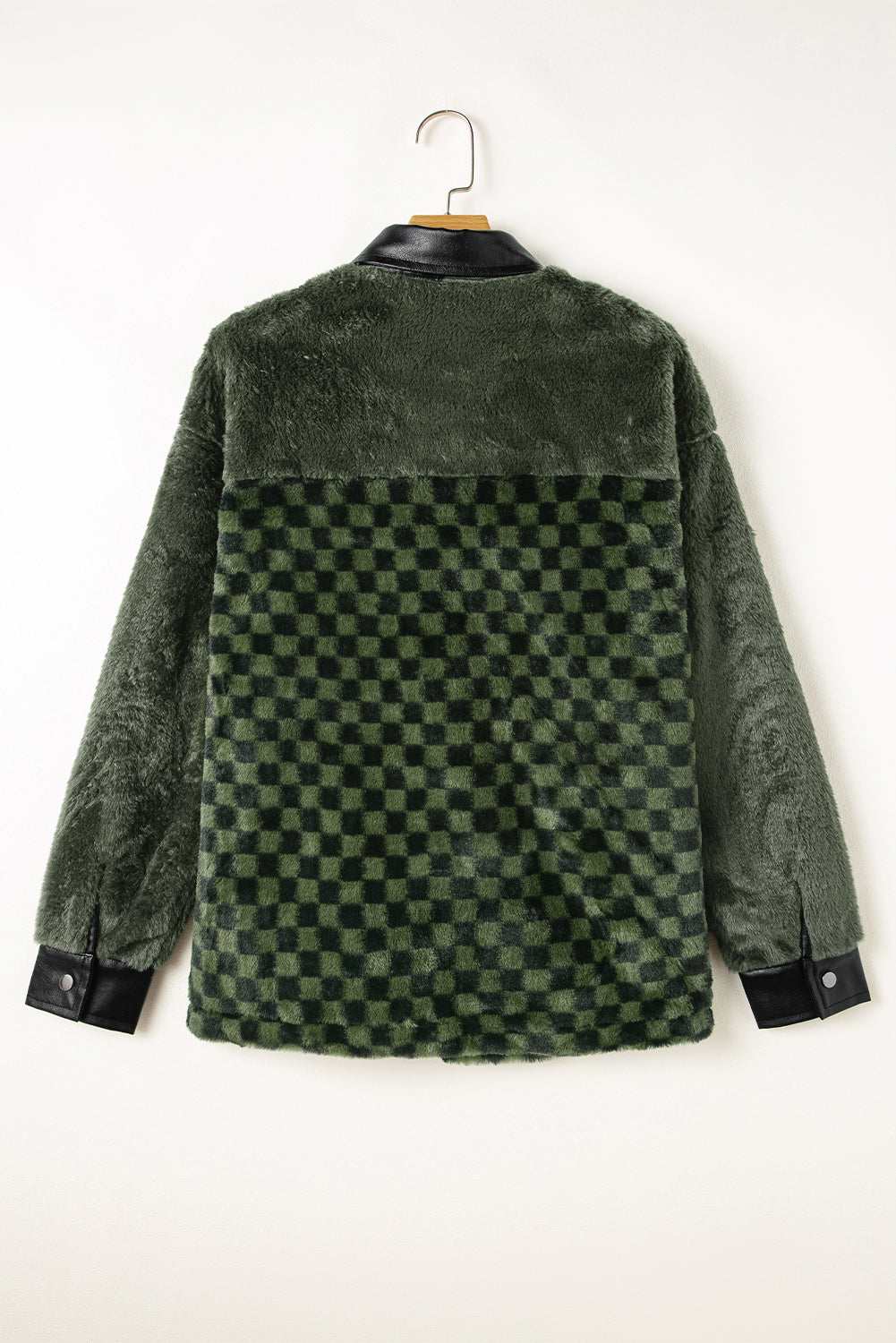 Faux Leather & Fleece Checkered Snap Down Jacket