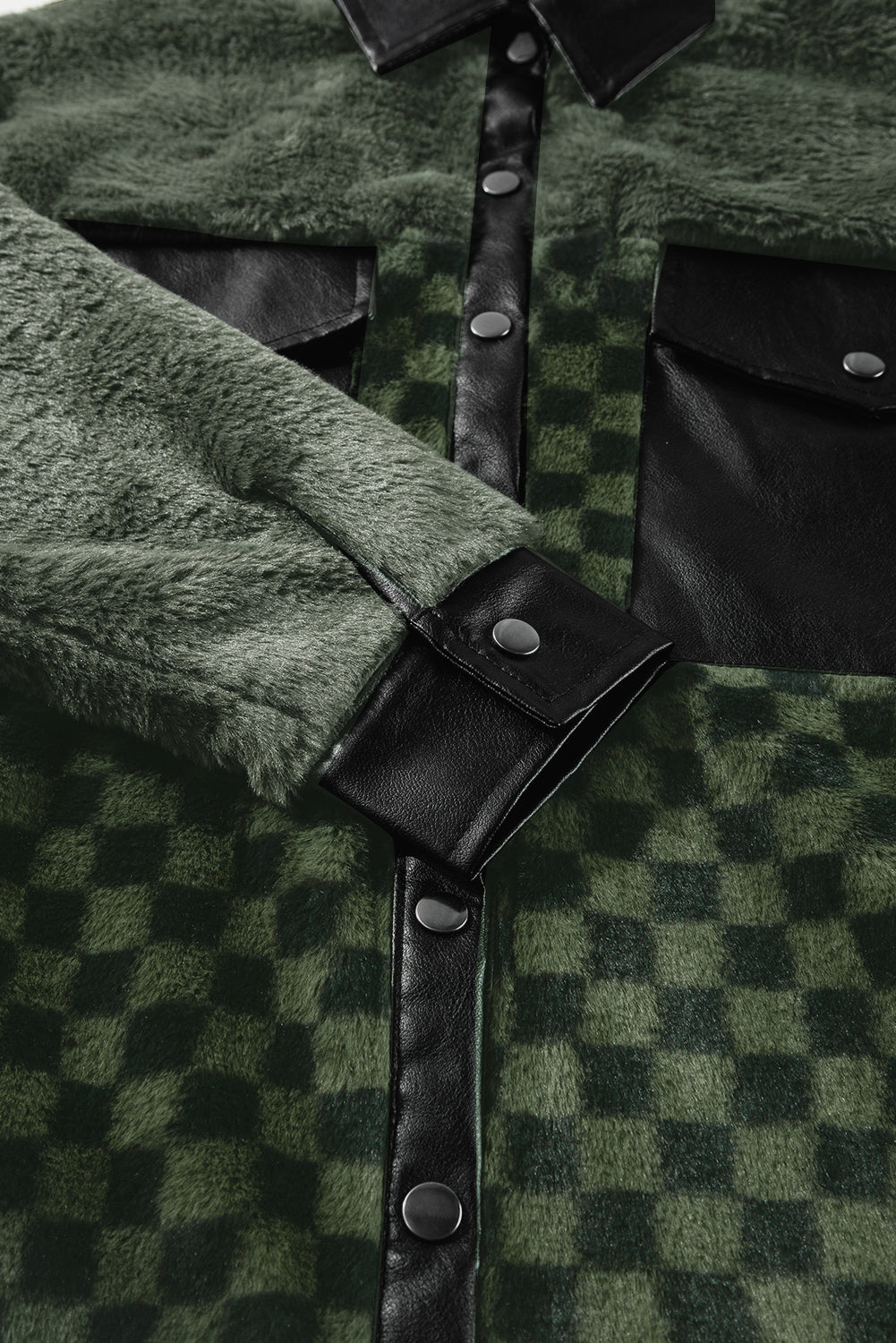 Faux Leather & Fleece Checkered Snap Down Jacket