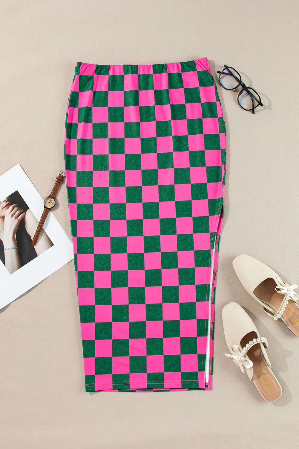 Slit Checkered Midi Skirt