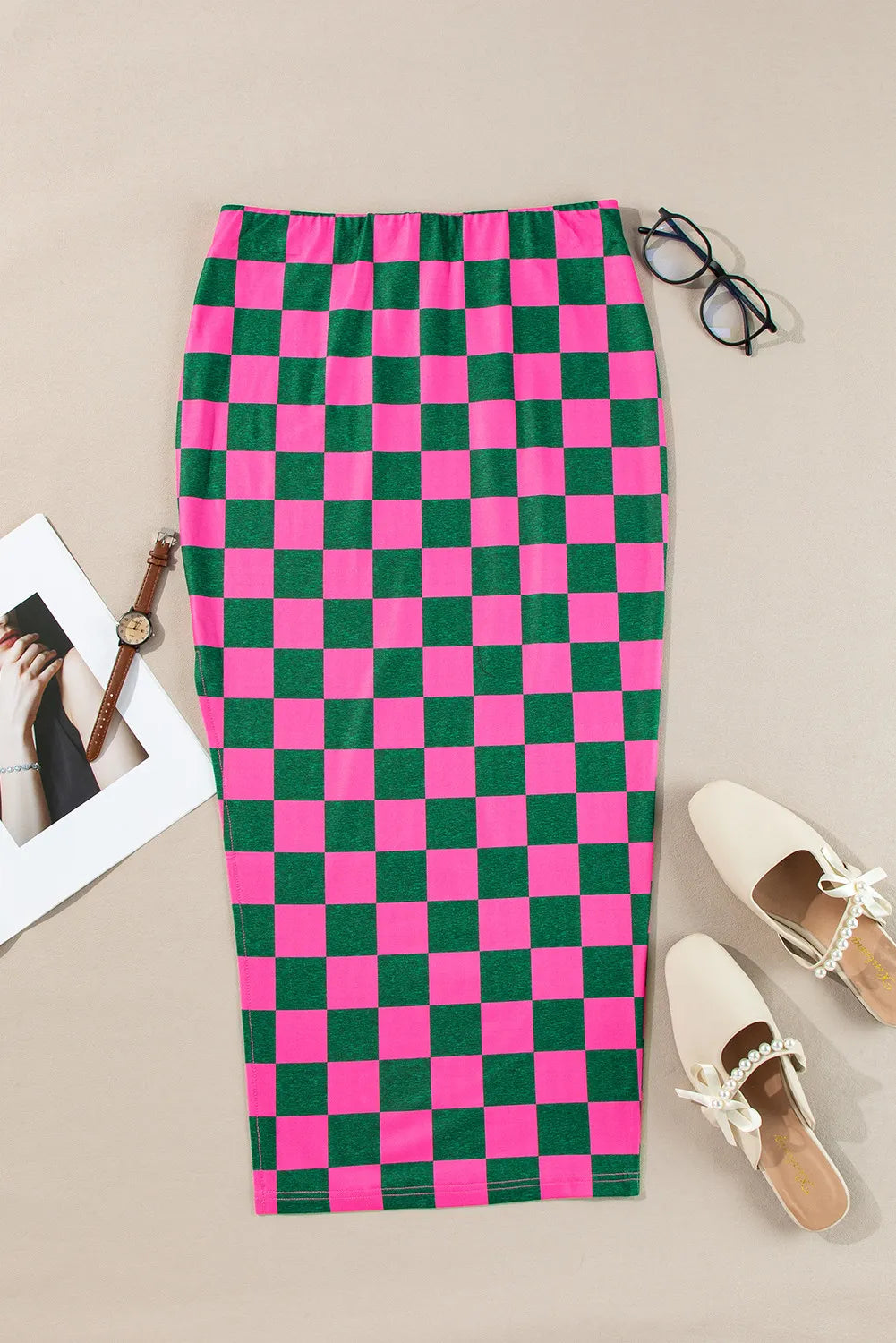 Slit Checkered Midi Skirt
