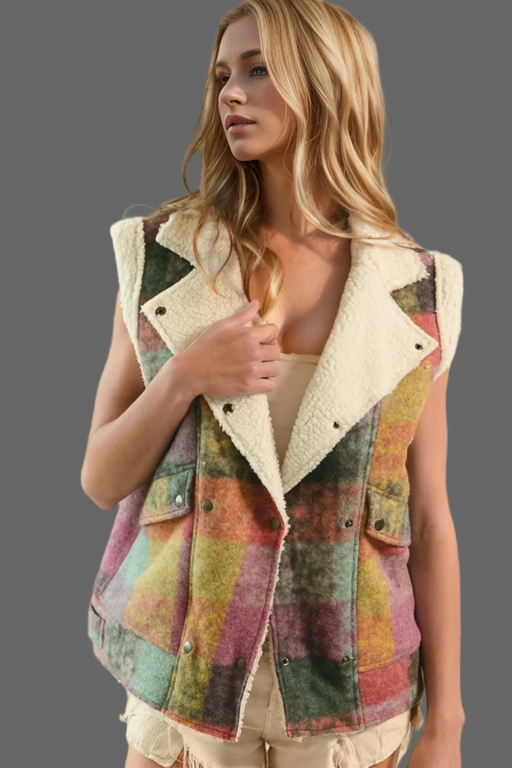 Woman wearing a colorful patchwork vest with a neutral background
