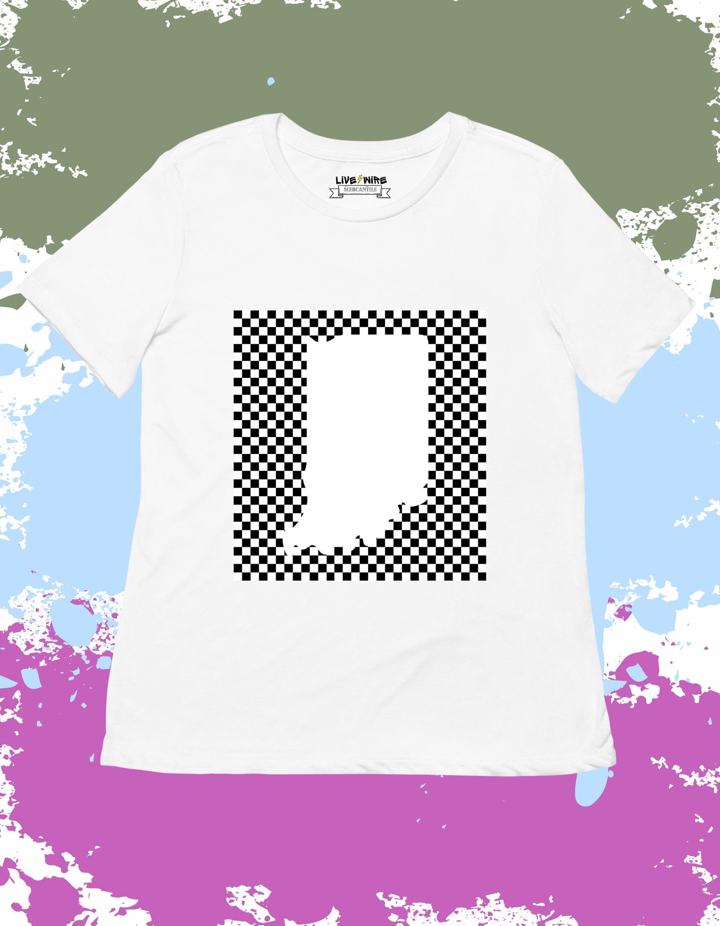 White Indiana Checkered Flag Racing Shirt – Checkered Flag Graphic Tee for Indy 500 Fans
