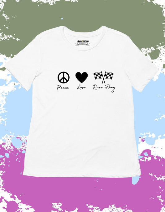 Peace Love Race Day Tee – Checkered Flag Indy 500 Graphic Shirt