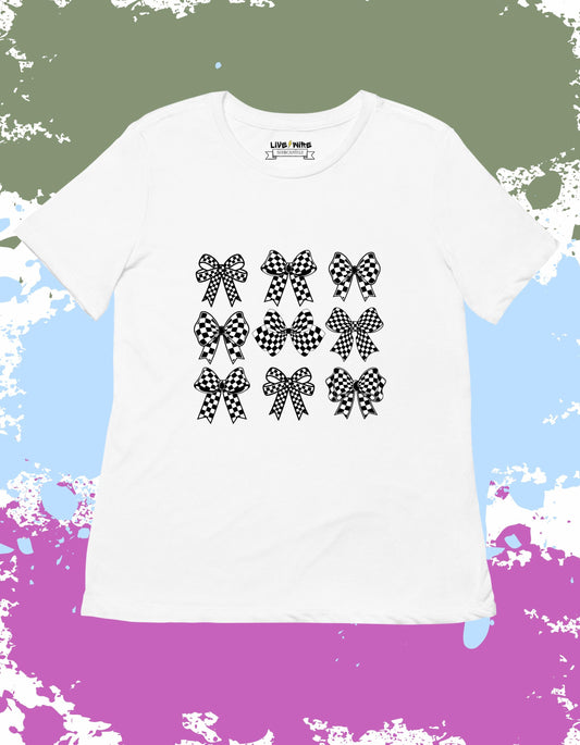 Checkered Flag Bow Shirt • Racing Girl Graphic Tee • Cute Race Day Shirt • Race Weekend Style • NASCAR & IndyCar Fan Tee