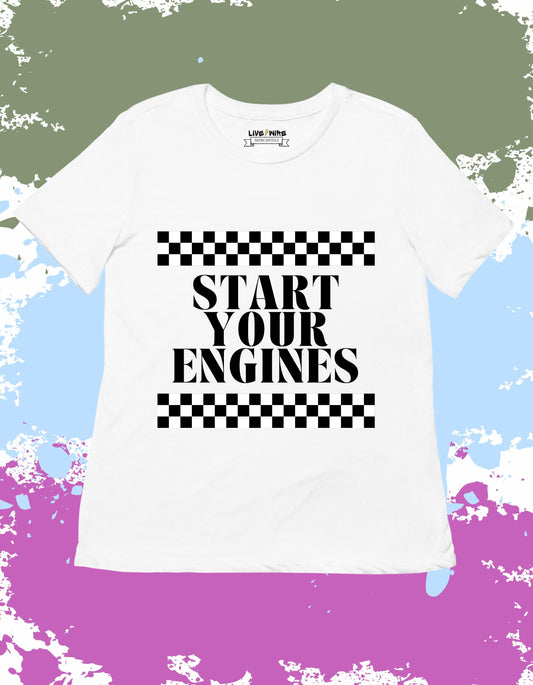 Start Your Engines Graphic Tee – Race Day Shirt for Women or Men – Indy 500 Checkered Flag Shirt – Motorsports Fan Outfit