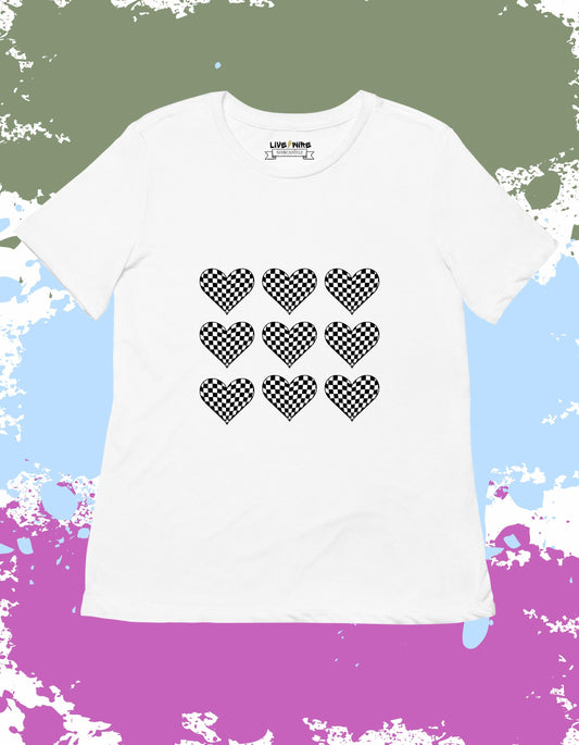 Checkered Hearts Shirt • Racing Graphic Tee • Retro Race Day Outfit • Indy 500 Style for Women & Men • Motorsports Heart Shirt