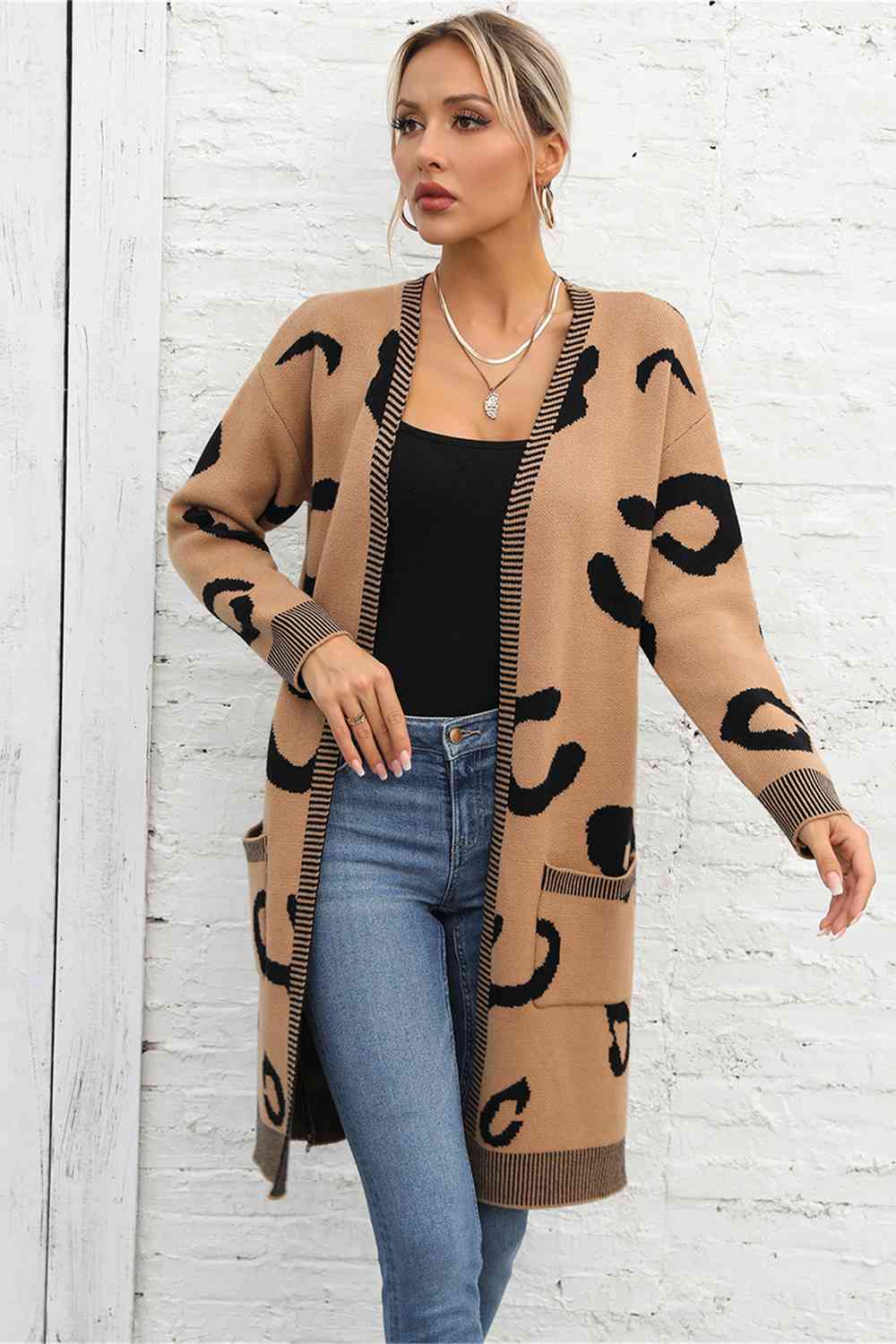 Leopard Print Long Sleeve Cardigan with Pockets