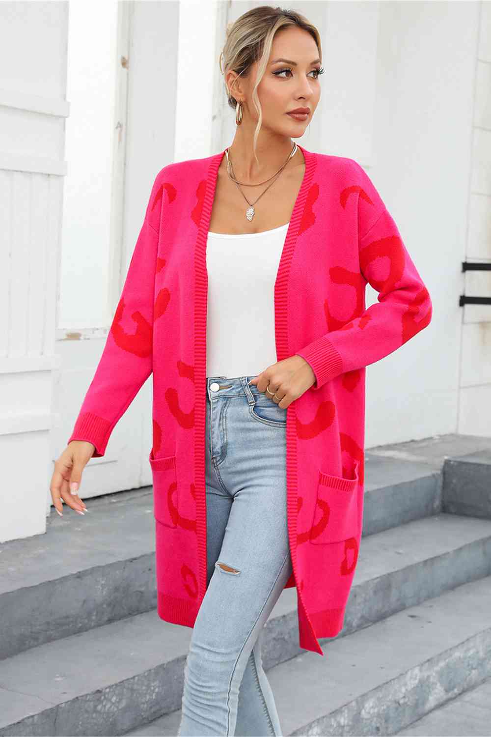 Leopard Print Long Sleeve Cardigan with Pockets