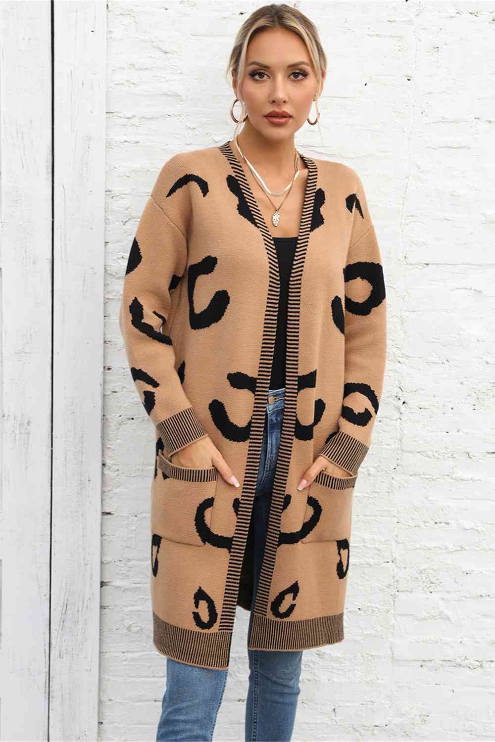 Leopard Print Long Sleeve Cardigan with Pockets